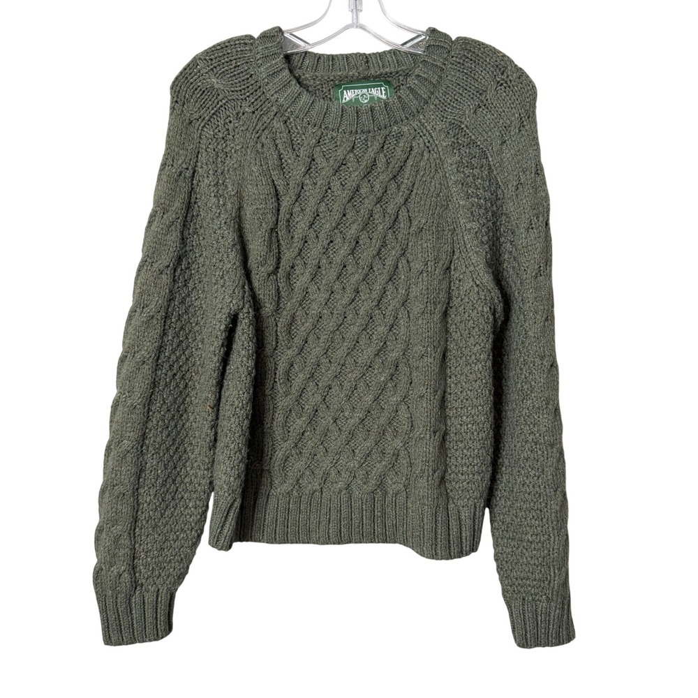 American Eagle Cable Knit Sweater Womens Medium Green Raglan Crew Neck Granola